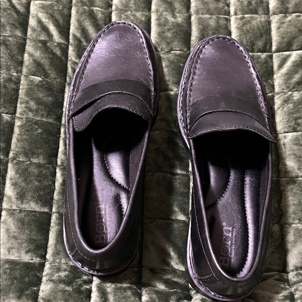 Born Celeste lug loafers. Dark Leather Slip-Ons